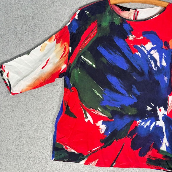 Lafayette 148 New York Silk Blouse Size L Abstract Floral Print Tunic Top Artsy - Picture 7 of 13